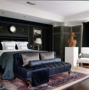 pinstripe char and navy bedroom